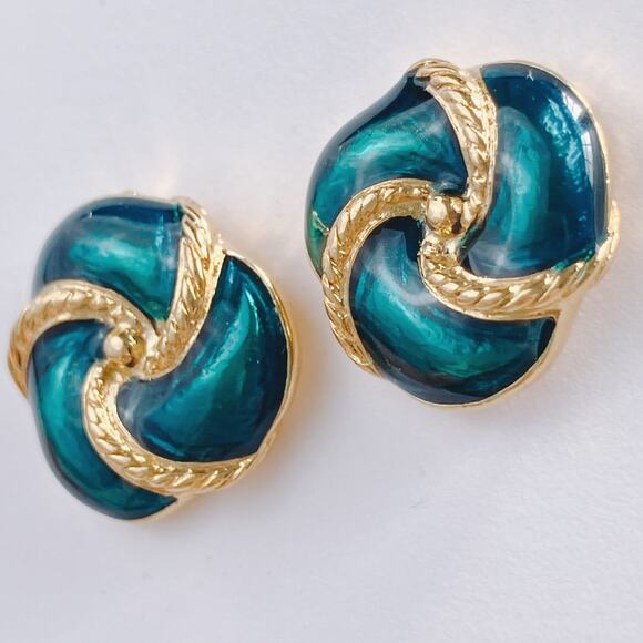 Vintage Signed Earrings Trifari Peacock Blue Enamel Gold Tone Knot Stud Posts - Picture 4 of 10